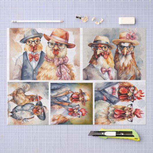 Hühner: modische Hühner in Kollage Seidenpapier (Handwerk)