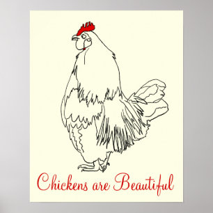 Hühner sind wunderschöne Hasen-Cockerel-Art Zeichn Poster