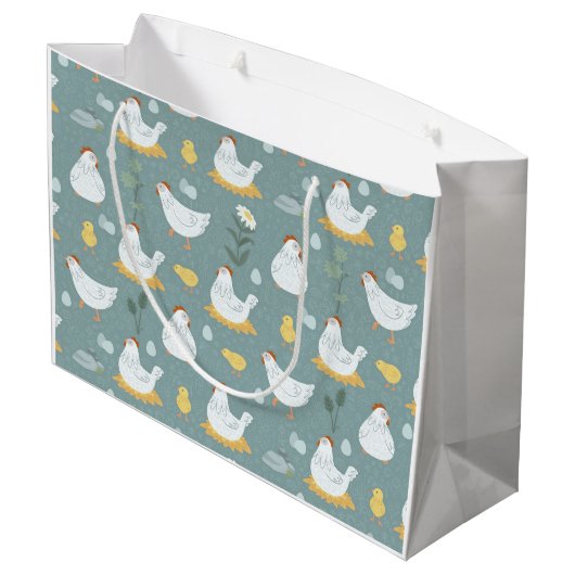 Hühner träumen in Aquamariner Umgebung Große Geschenktüte (Rückseite Schrägansicht)