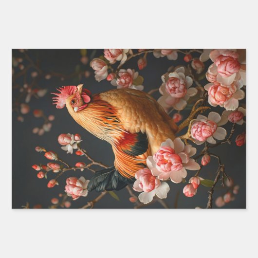 Hühner umgeben von rosa Blume Decoupage Geschenkpapier Set (Vorderseite)