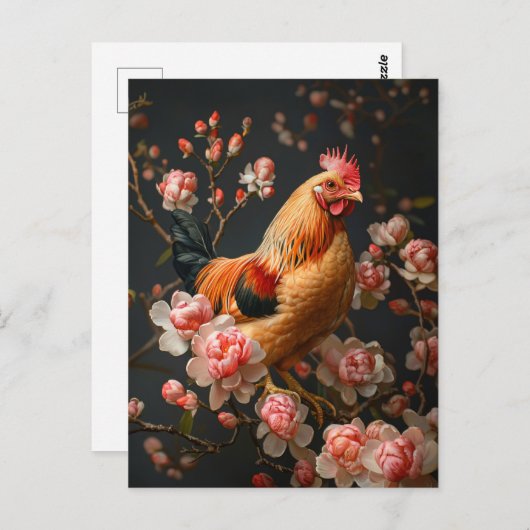 Hühner umgeben von rosa Blume Postkarte (Vorne/Hinten)