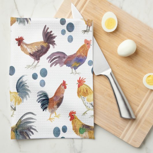 Hühner und Eier Barnyard Farm Land Aquarell Geschirrtuch (Viertel Falte)