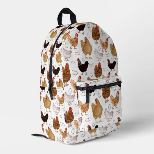 Hühner- und Eiermuster auf Weiß Bedruckter Rucksack (Rückseitige Ecke links)