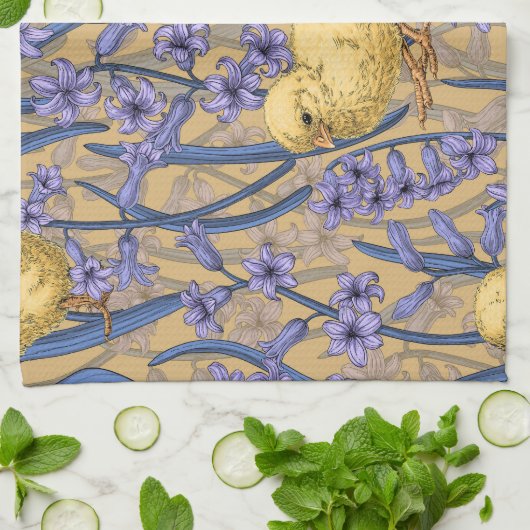 Hühner und Hyazinthen in Gelb Geschirrtuch (Gefaltet)
