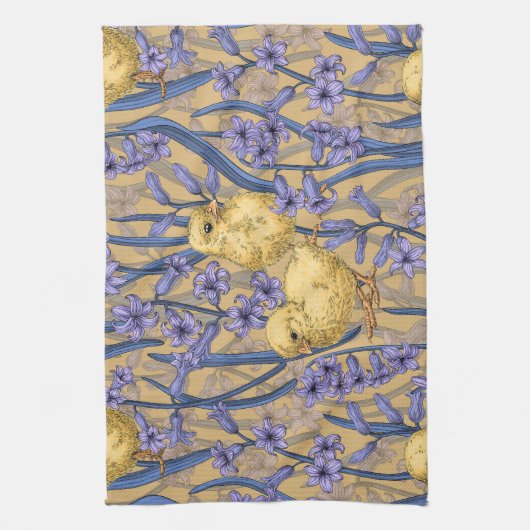 Hühner und Hyazinthen in Gelb Geschirrtuch (Vertikal)