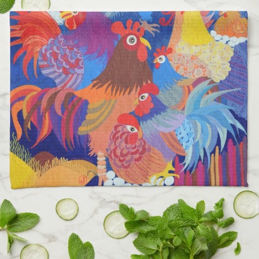Hühner und Rooster Geschirrtuch (Gefaltet)