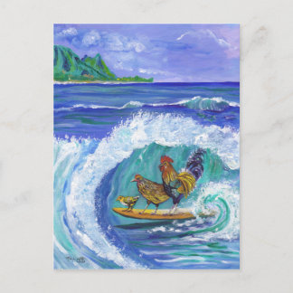 Hühner und Rooster surfen Kauai Beach Card Postkarte