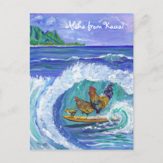 Hühner und Rooster Surfing Kauai Beach Postcard Postkarte