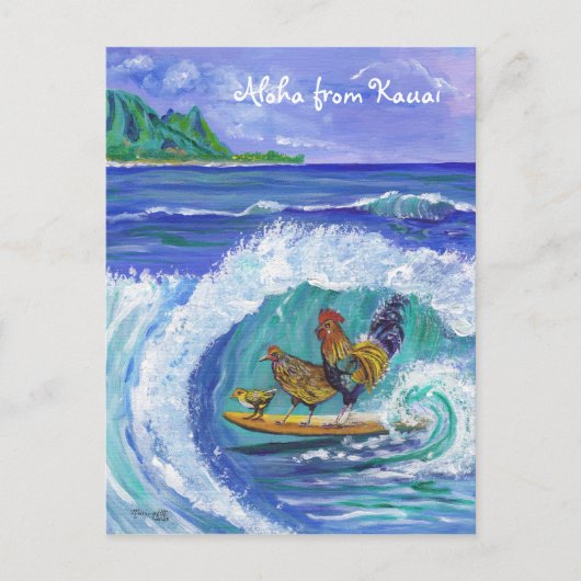 Hühner und Rooster Surfing Kauai Beach Postcard Postkarte (Vorderseite)