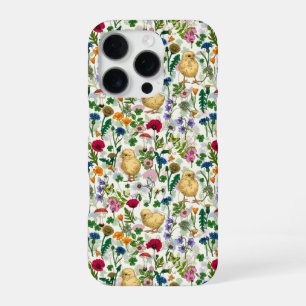 Hühner und Wildblumen auf weiß iPhone 16 Pro Hülle