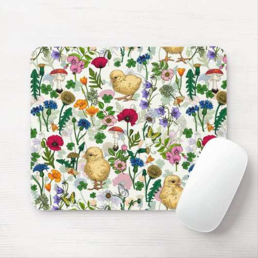 Hühner und Wildblumen auf weiß Mousepad (Mit Mouse)
