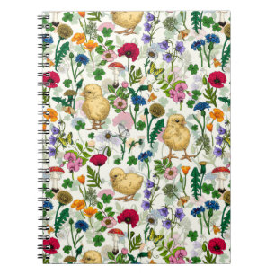 Hühner und Wildblumen auf weiß Notizblock