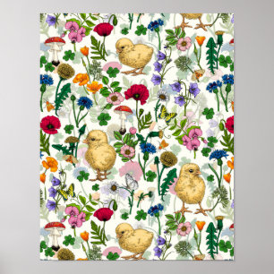 Hühner und Wildblumen auf weiß Poster