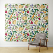 Hühner und Wildblumen auf weiß Wandteppich (Beispiel (Horizontal))