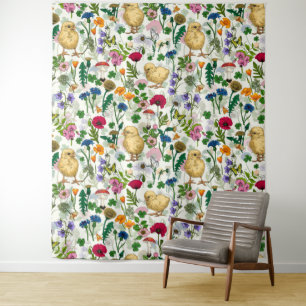 Hühner und Wildblumen auf weiß Wandteppich