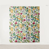 Hühner und Wildblumen auf weiß Wandteppich (Vorderseite)