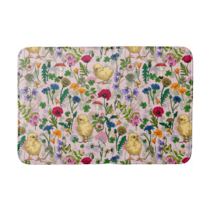 Hühner und Wildblumen auf Zuckerwatte pink Badematte