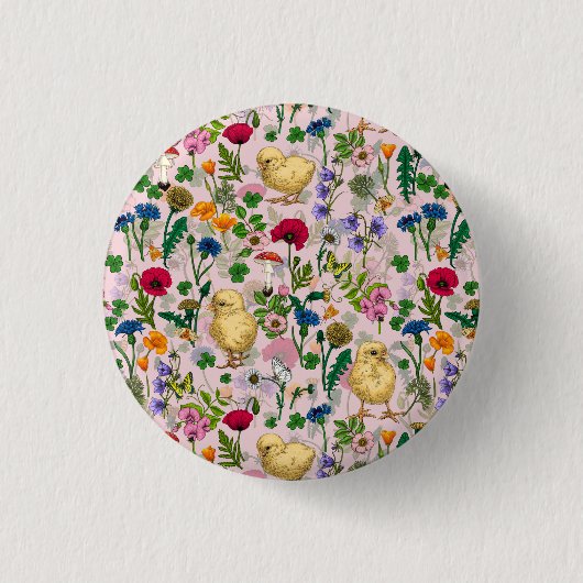 Hühner und Wildblumen auf Zuckerwatte pink Button (Vorderseite)