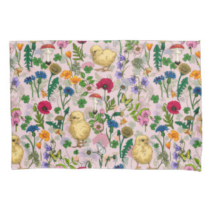 Hühner und Wildblumen auf Zuckerwatte pink Kissenbezug