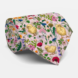 Hühner und Wildblumen auf Zuckerwatte pink Krawatte