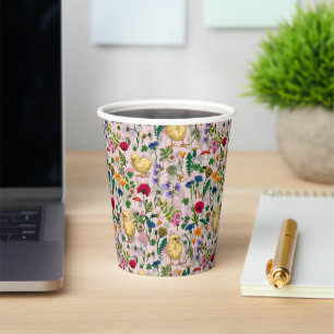 Hühner und Wildblumen auf Zuckerwatte pink Pappbecher