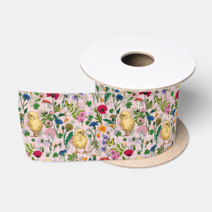 Hühner und Wildblumen auf Zuckerwatte pink Satinband