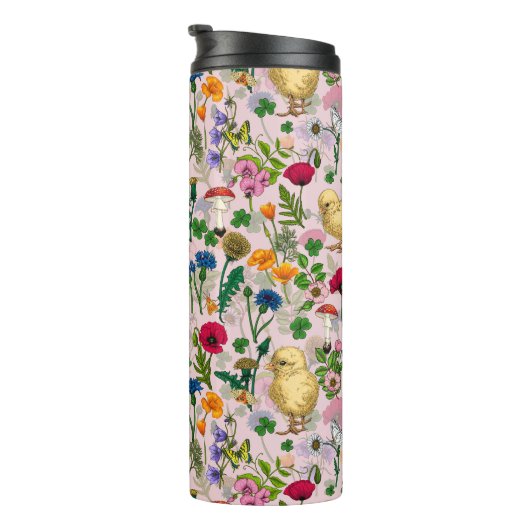 Hühner und Wildblumen auf Zuckerwatte pink Thermosbecher (Nach rechts gedreht)
