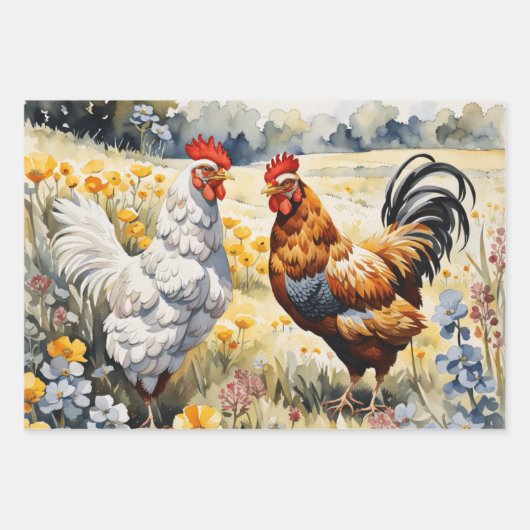 Hühner und Wildblumen Geschenkpapier Set (Vorderseite 2)