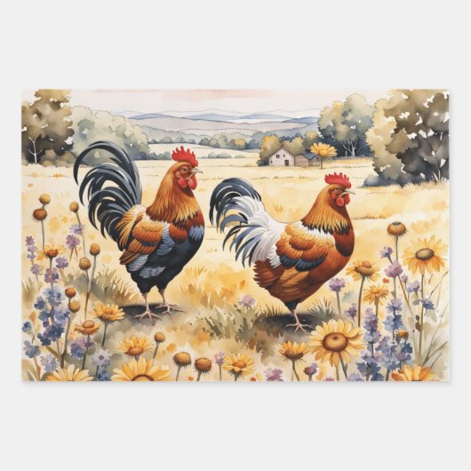 Hühner und Wildblumen Geschenkpapier Set (Vorderseite)