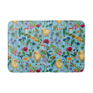 Hühner und Wildblumen in Babyblau Badematte