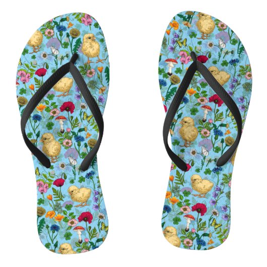 Hühner und Wildblumen in Babyblau Badesandalen (Fußbett)