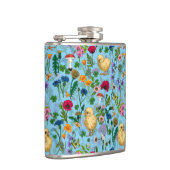 Hühner und Wildblumen in Babyblau Flachmann (Rechts)