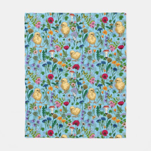Hühner und Wildblumen in Babyblau Fleecedecke (Vorderseite)