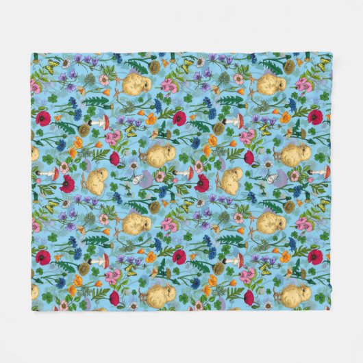 Hühner und Wildblumen in Babyblau Fleecedecke (Vorderseite (Horizontal))