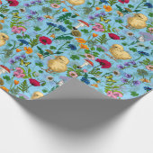 Hühner und Wildblumen in Babyblau Geschenkpapier (Ecke)