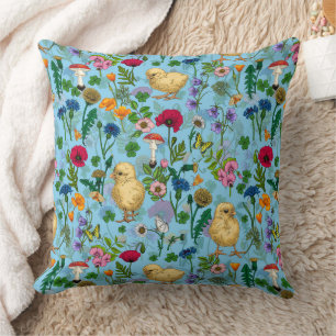 Hühner und Wildblumen in Babyblau Kissen