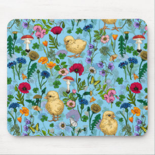 Hühner und Wildblumen in Babyblau Mousepad