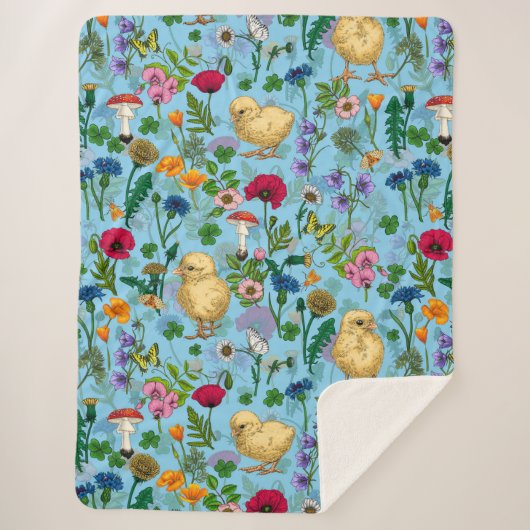 Hühner und Wildblumen in Babyblau Sherpadecke (Vorderseite)