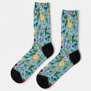 Hühner und Wildblumen in Babyblau Socken
