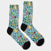 Hühner und Wildblumen in Babyblau Socken (Rechts)