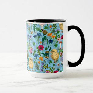 Hühner und Wildblumen in Babyblau Tasse