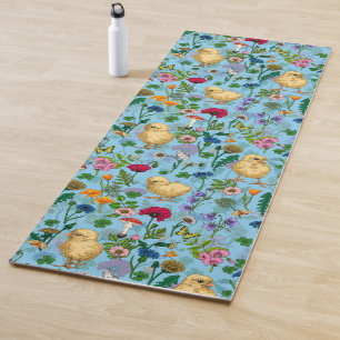 Hühner und Wildblumen in Babyblau Yogamatte