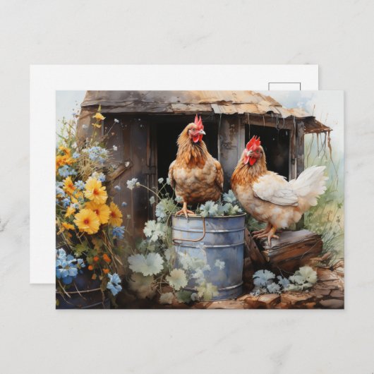 Hühner Zinn Eimer Hühnchen Coop Gelbe Blüten Postkarte (Vorne/Hinten)
