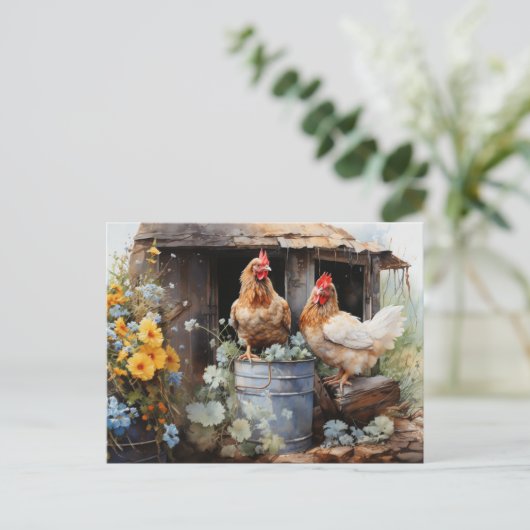 Hühner Zinn Eimer Hühnchen Coop Gelbe Blüten Postkarte (Stehend Vorderseite)