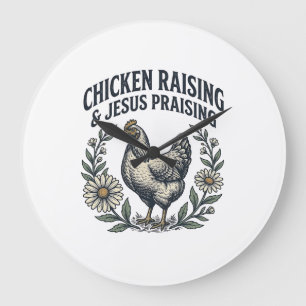 Hühneraufzucht und Jesus preisende Vintage-Henne Große Wanduhr