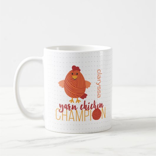 HühnerChampion Tasse aus Rot und Orangengarn (Links)