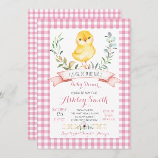 Hühnerfarm Babydusche Einladung Rosa Mädchen (Vorne/Hinten)