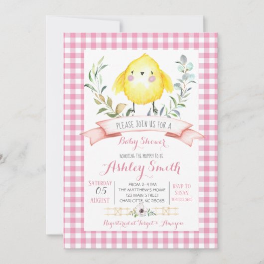 Hühnerfarm Babydusche Einladung Rosa Mädchen (Vorderseite)