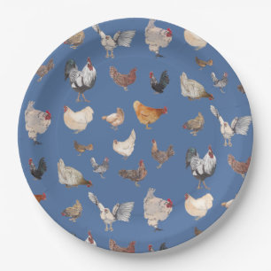 Hühnerglücksmuster auf Denim Blue Pappteller