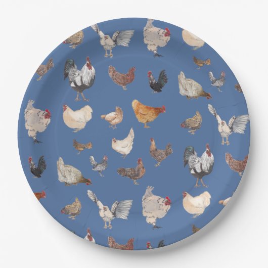 Hühnerglücksmuster auf Denim Blue Pappteller (Vorderseite)